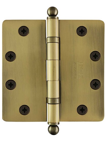 4 1/2 inch Solid Brass Ball-Bearing Door Hinge with Ball Tips and 1/4 inch Radius Corners in Antique Brass.